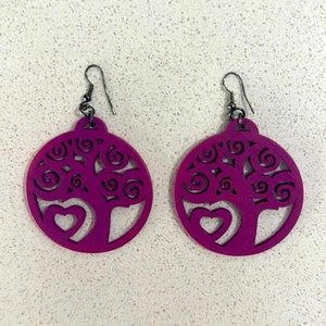 Wood carved earrings purple with carved tree and heart